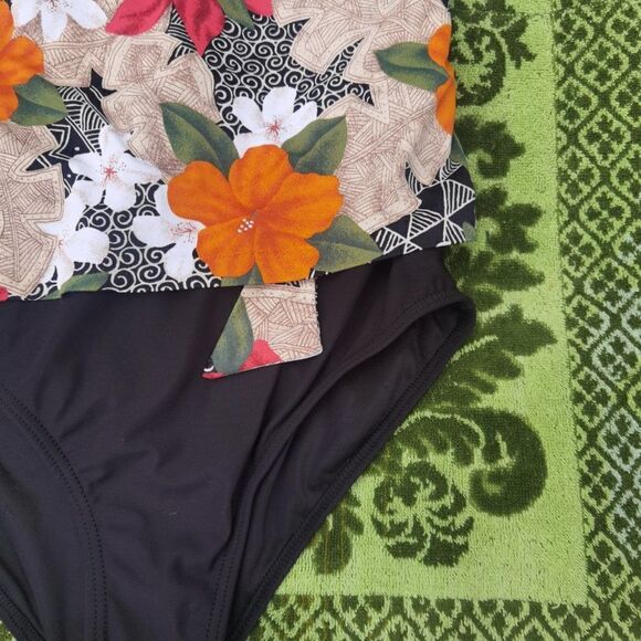 80s One Piece Tropical Swimsuit Floral Crossover Front With Plunge Low Back - Picture 2 of 8